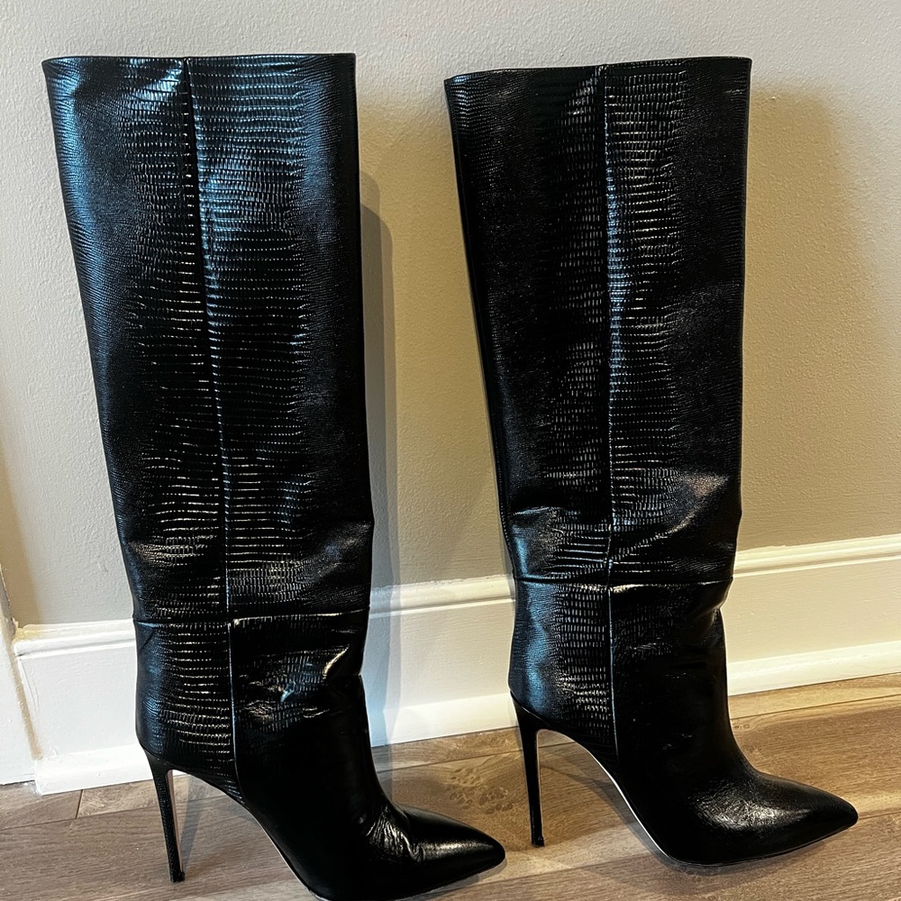 Paris Texas Black Lizard Skin Effect Textured Knee High Heeled Boots 105mm SZ 40 - Picture 1 of 5